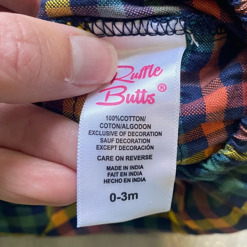 NWT RuffleButts Harvest Rainbow Gingham Long Sleeve Smocked Bubble Romper, 0-3M